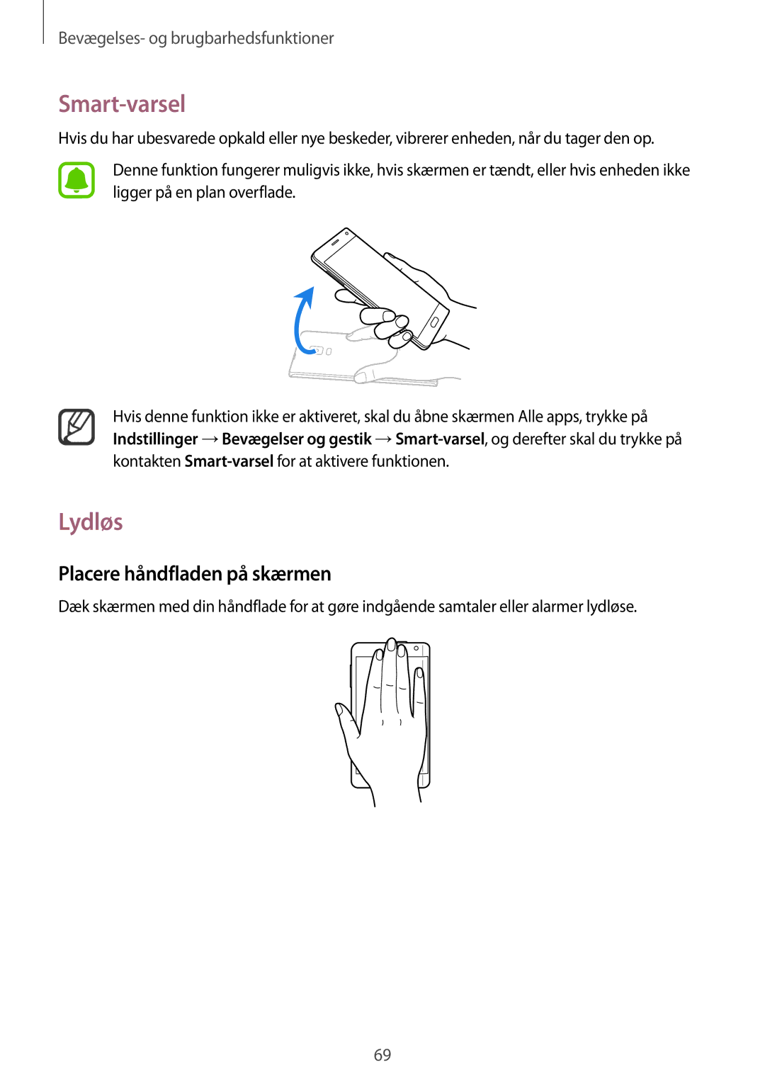 Samsung SM-N915FZKYNEE, SM-N915FZWYNEE manual Smart-varsel, Lydløs, Placere håndfladen på skærmen 