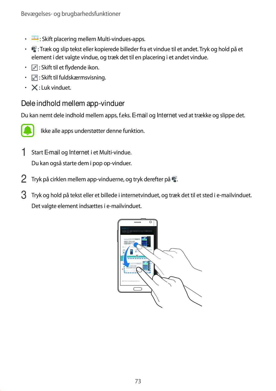 Samsung SM-N915FZKYNEE, SM-N915FZWYNEE manual Dele indhold mellem app-vinduer, Skift placering mellem Multi-vindues-apps 