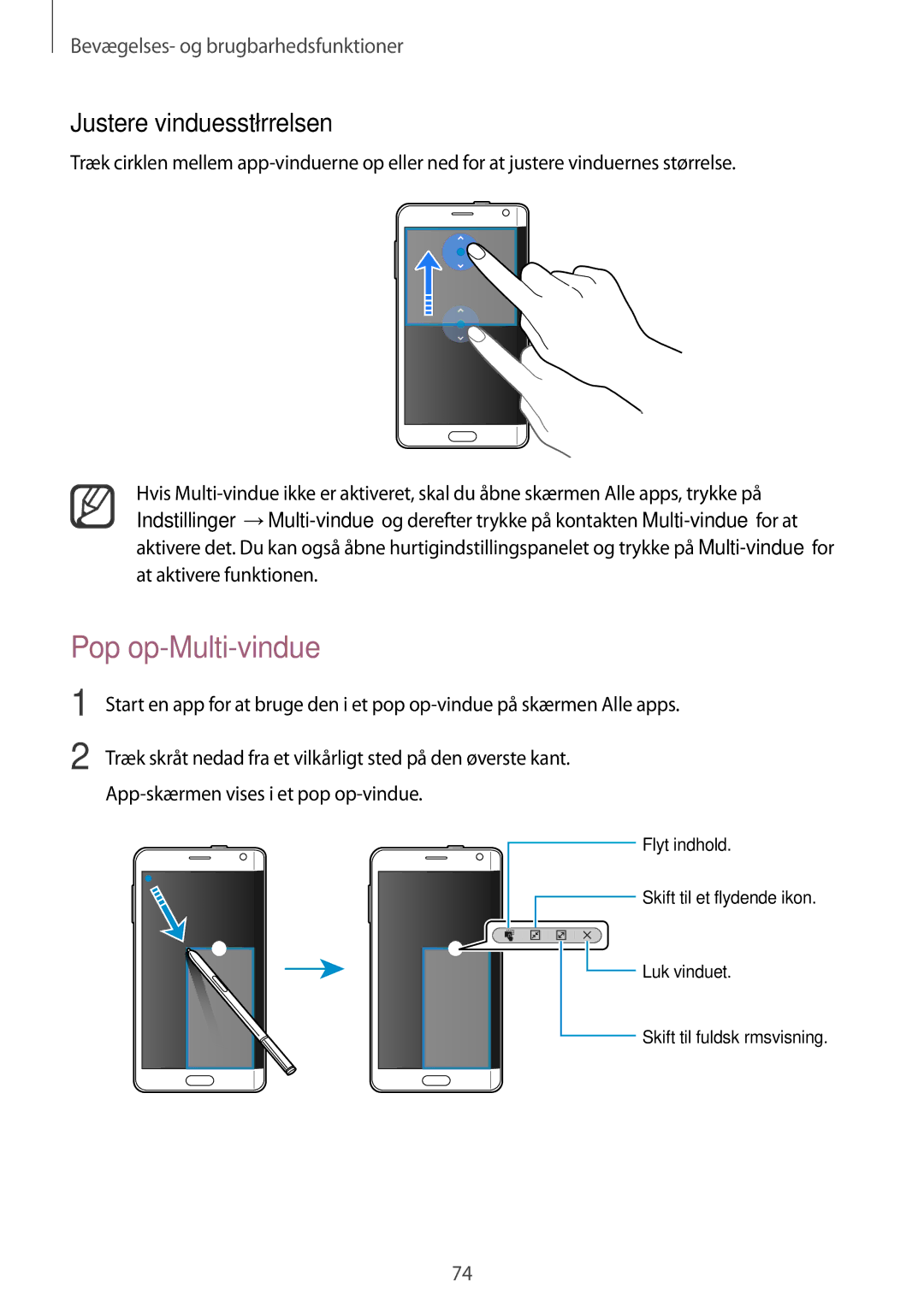 Samsung SM-N915FZWYNEE, SM-N915FZKYNEE manual Pop op-Multi-vindue, Justere vinduesstørrelsen 