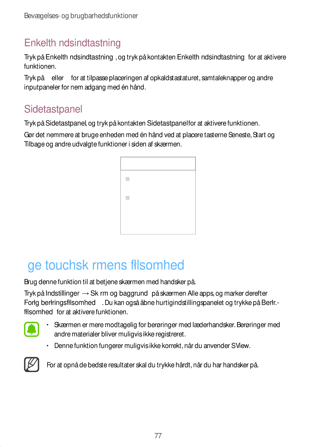 Samsung SM-N915FZKYNEE, SM-N915FZWYNEE manual Øge touchskærmens følsomhed, Enkelthåndsindtastning, Sidetastpanel 