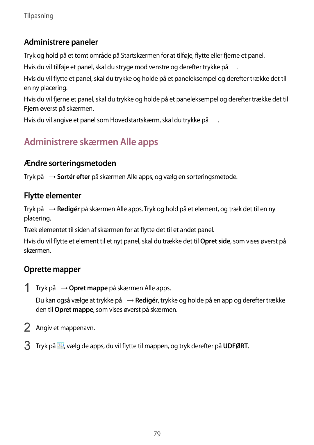 Samsung SM-N915FZKYNEE Administrere skærmen Alle apps, Administrere paneler, Ændre sorteringsmetoden, Flytte elementer 