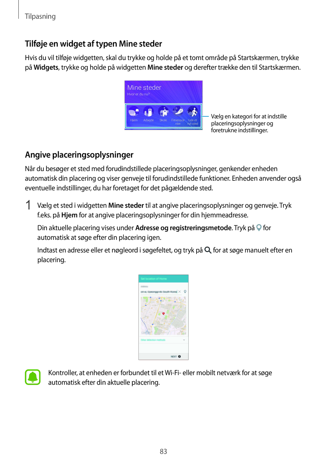 Samsung SM-N915FZKYNEE, SM-N915FZWYNEE manual Tilføje en widget af typen Mine steder, Angive placeringsoplysninger 