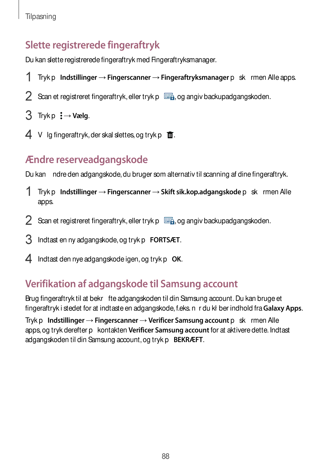 Samsung SM-N915FZWYNEE, SM-N915FZKYNEE manual Slette registrerede fingeraftryk, Ændre reserveadgangskode 