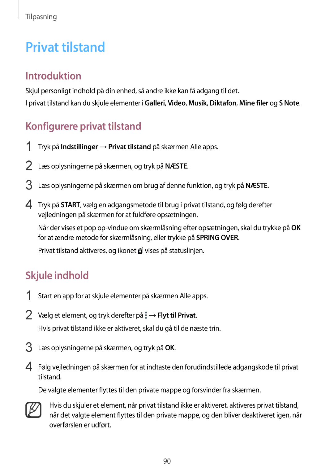 Samsung SM-N915FZWYNEE, SM-N915FZKYNEE manual Privat tilstand, Konfigurere privat tilstand, Skjule indhold 