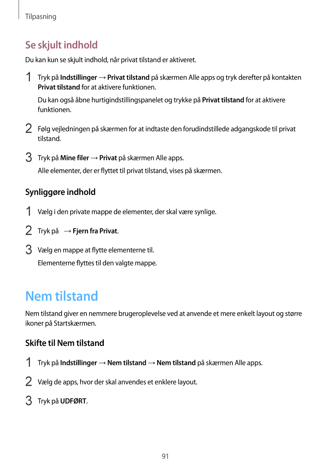 Samsung SM-N915FZKYNEE, SM-N915FZWYNEE manual Se skjult indhold, Synliggøre indhold, Skifte til Nem tilstand 