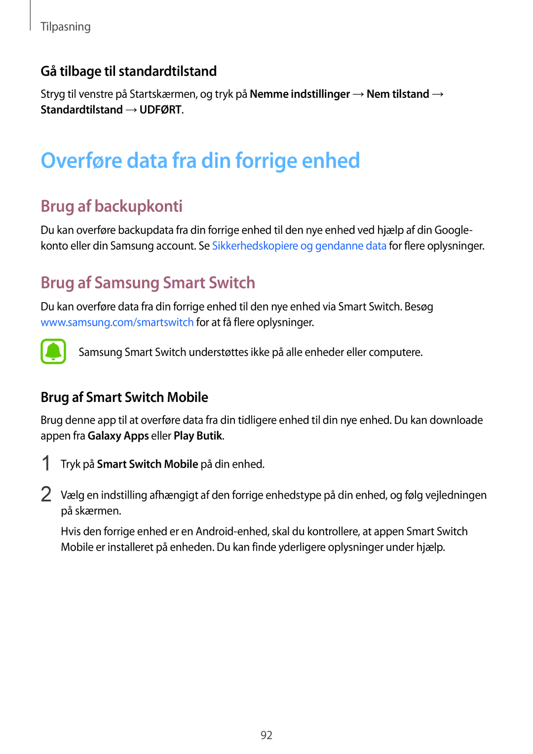 Samsung SM-N915FZWYNEE manual Overføre data fra din forrige enhed, Brug af backupkonti, Brug af Samsung Smart Switch 