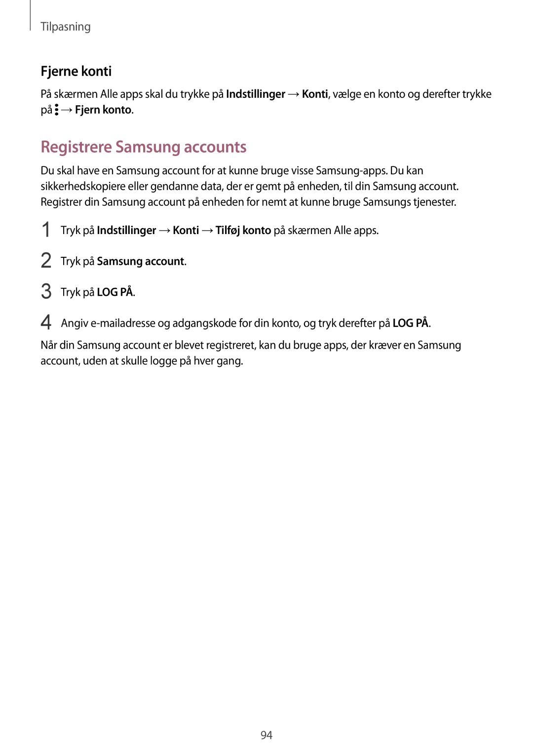 Samsung SM-N915FZWYNEE, SM-N915FZKYNEE manual Registrere Samsung accounts, Fjerne konti 