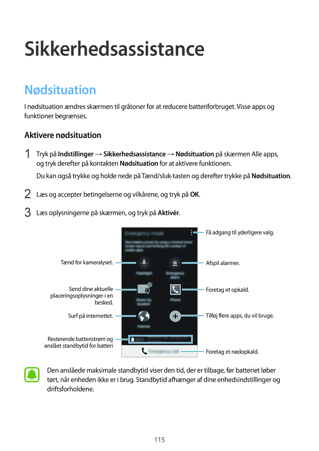 Samsung SM-N915FZKYNEE, SM-N915FZWYNEE manual Sikkerhedsassistance, Nødsituation, Aktivere nødsituation 