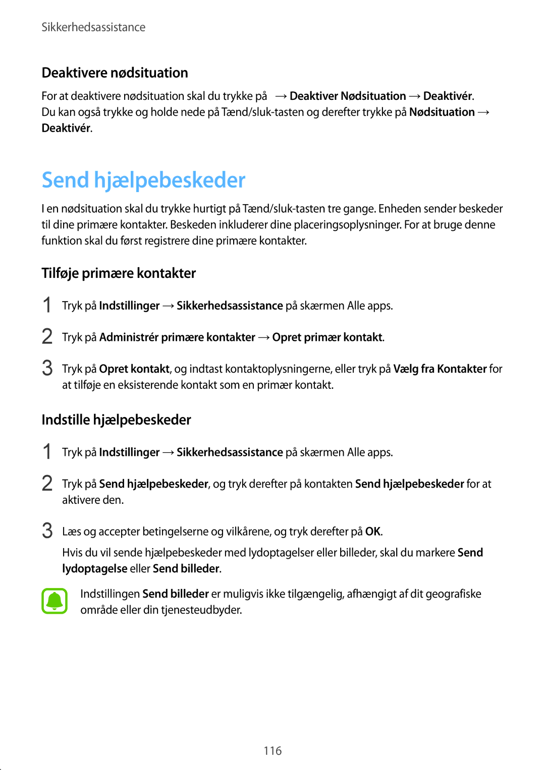 Samsung SM-N915FZWYNEE Send hjælpebeskeder, Deaktivere nødsituation, Tilføje primære kontakter, Indstille hjælpebeskeder 