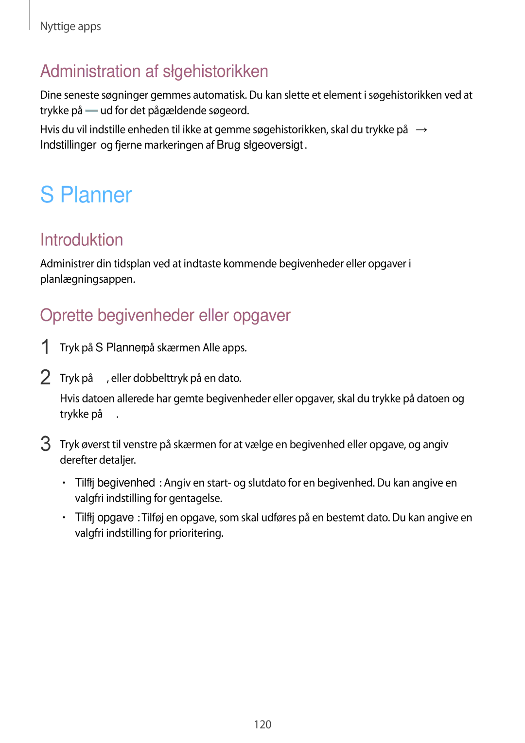 Samsung SM-N915FZWYNEE, SM-N915FZKYNEE manual Planner, Administration af søgehistorikken, Oprette begivenheder eller opgaver 