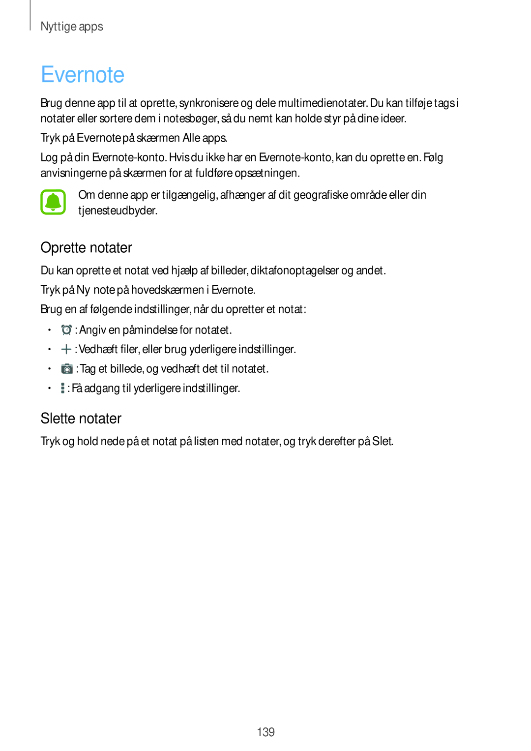 Samsung SM-N915FZKYNEE, SM-N915FZWYNEE manual Evernote, Oprette notater, Slette notater 