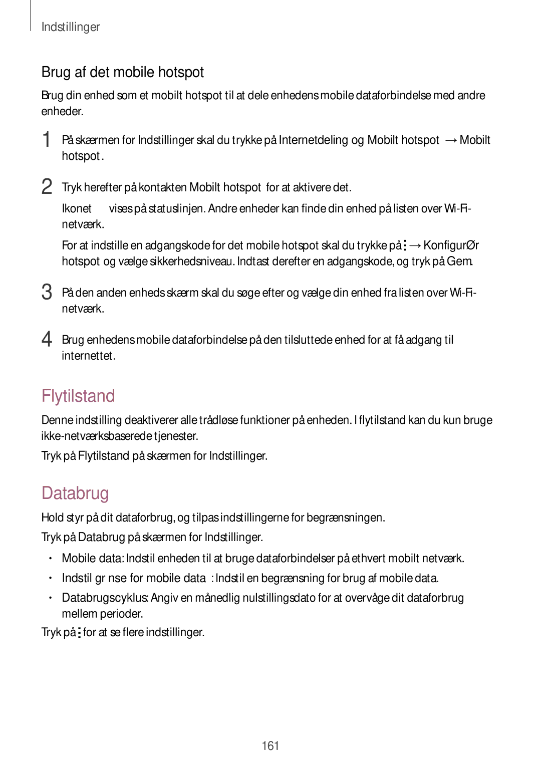 Samsung SM-N915FZKYNEE, SM-N915FZWYNEE manual Flytilstand, Databrug, Brug af det mobile hotspot 