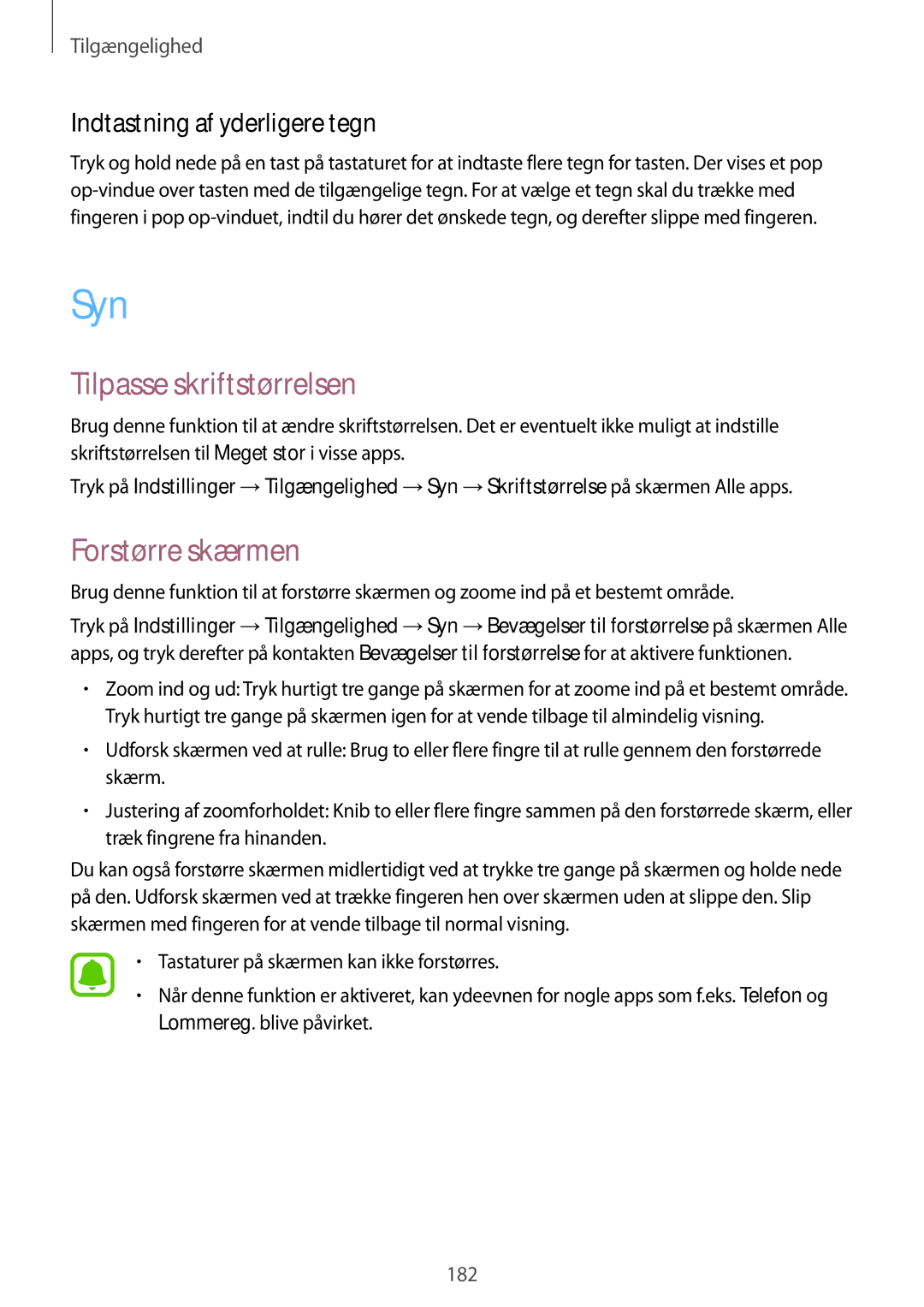 Samsung SM-N915FZWYNEE, SM-N915FZKYNEE Syn, Tilpasse skriftstørrelsen, Forstørre skærmen, Indtastning af yderligere tegn 