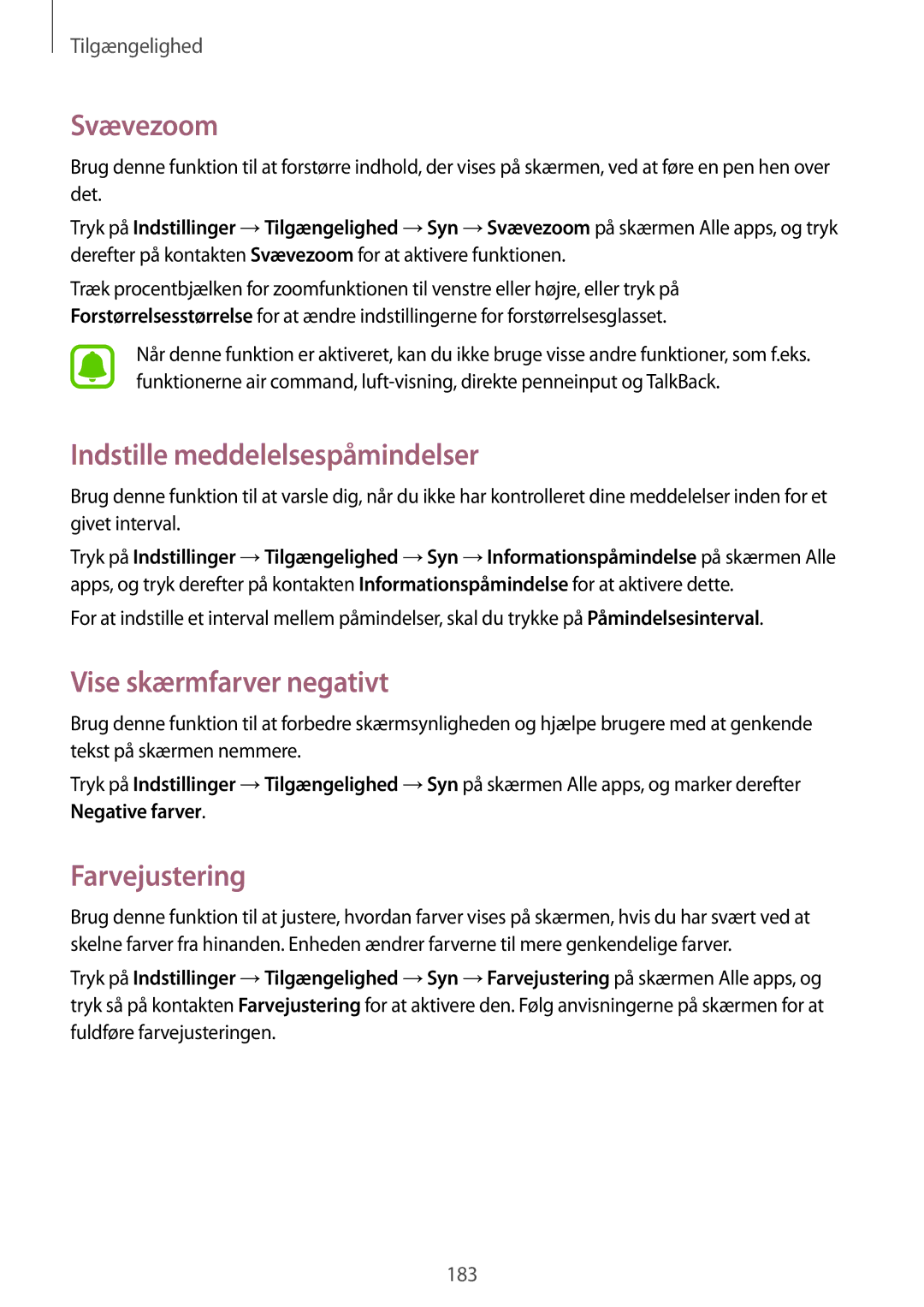 Samsung SM-N915FZKYNEE manual Svævezoom, Indstille meddelelsespåmindelser, Vise skærmfarver negativt, Farvejustering 