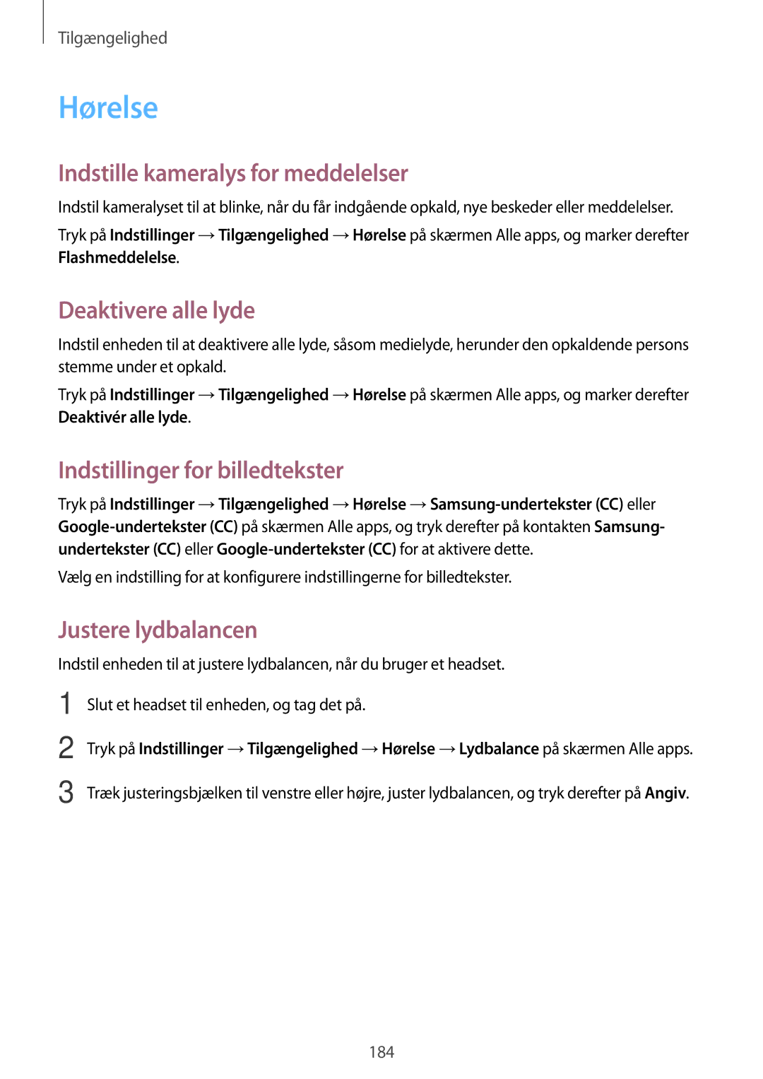 Samsung SM-N915FZWYNEE Hørelse, Indstille kameralys for meddelelser, Deaktivere alle lyde, Indstillinger for billedtekster 