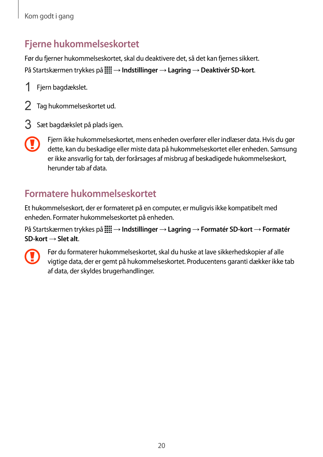 Samsung SM-N915FZWYNEE, SM-N915FZKYNEE manual Fjerne hukommelseskortet, Formatere hukommelseskortet 