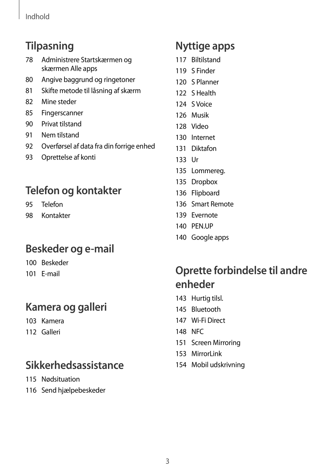 Samsung SM-N915FZKYNEE manual Telefon Kontakter, Beskeder Mail, Kamera Galleri, 115 Nødsituation Send hjælpebeskeder 