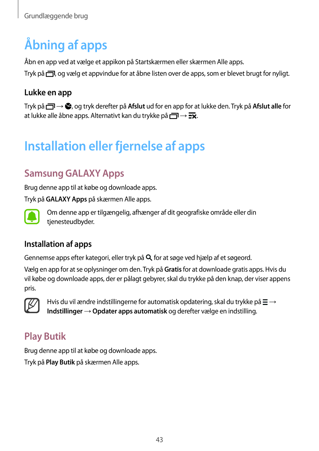 Samsung SM-N915FZKYNEE manual Åbning af apps, Installation eller fjernelse af apps, Samsung Galaxy Apps, Play Butik 