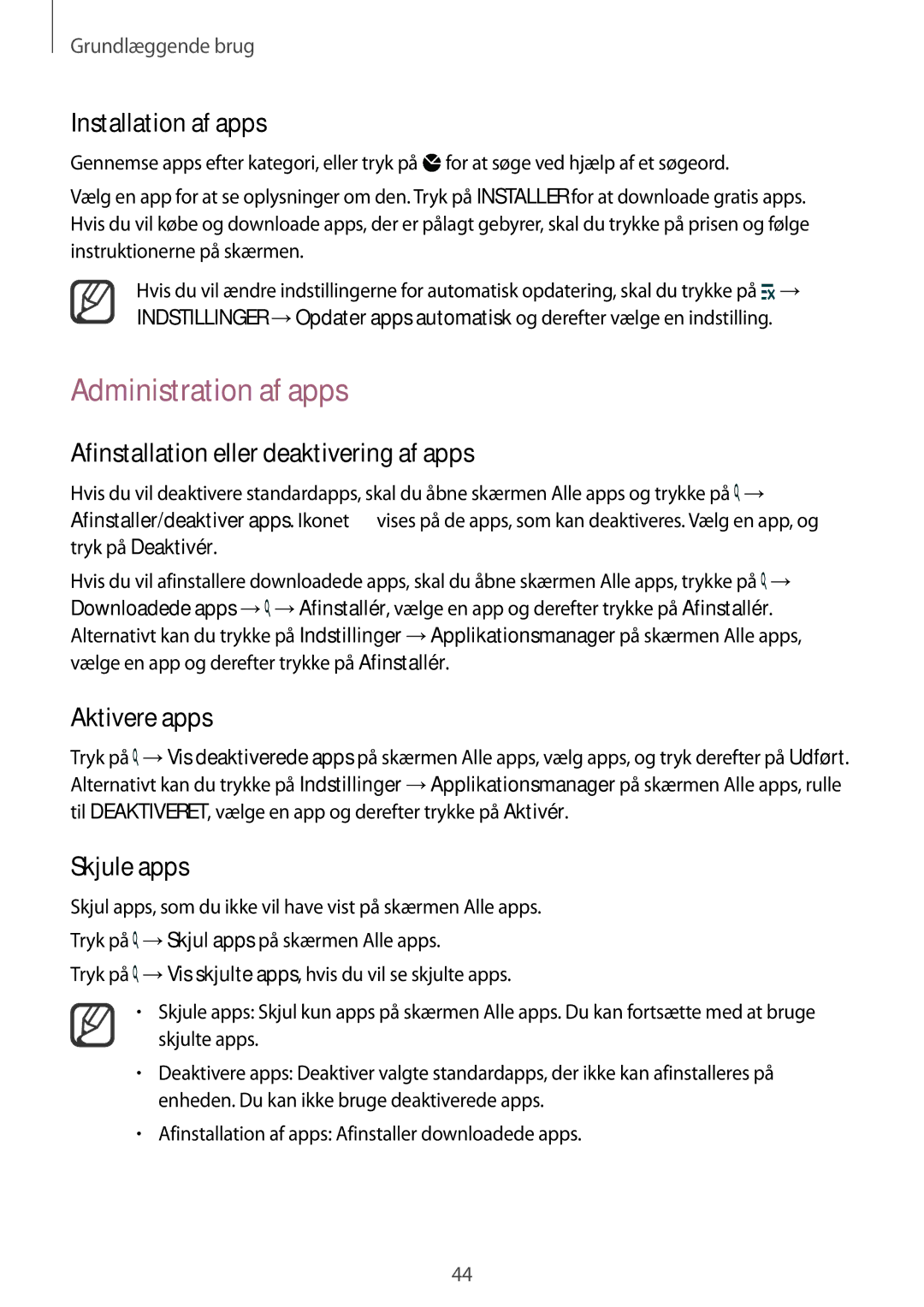 Samsung SM-N915FZWYNEE manual Administration af apps, Afinstallation eller deaktivering af apps, Aktivere apps, Skjule apps 