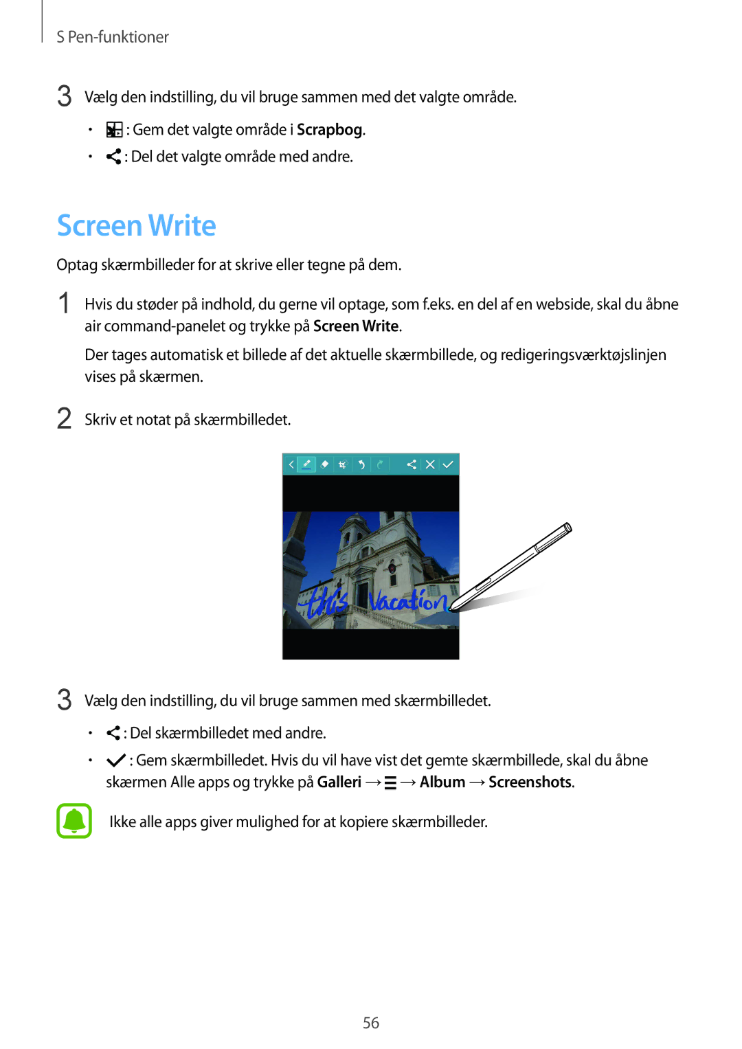 Samsung SM-N915FZWYNEE, SM-N915FZKYNEE manual Screen Write, Ikke alle apps giver mulighed for at kopiere skærmbilleder 