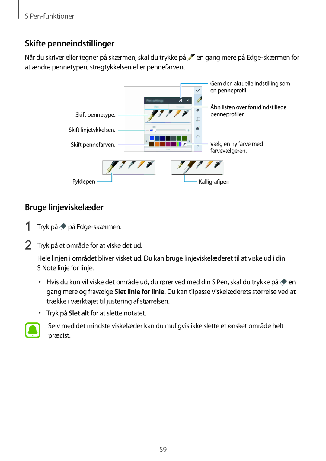 Samsung SM-N915FZKYNEE, SM-N915FZWYNEE manual Skifte penneindstillinger, Bruge linjeviskelæder 