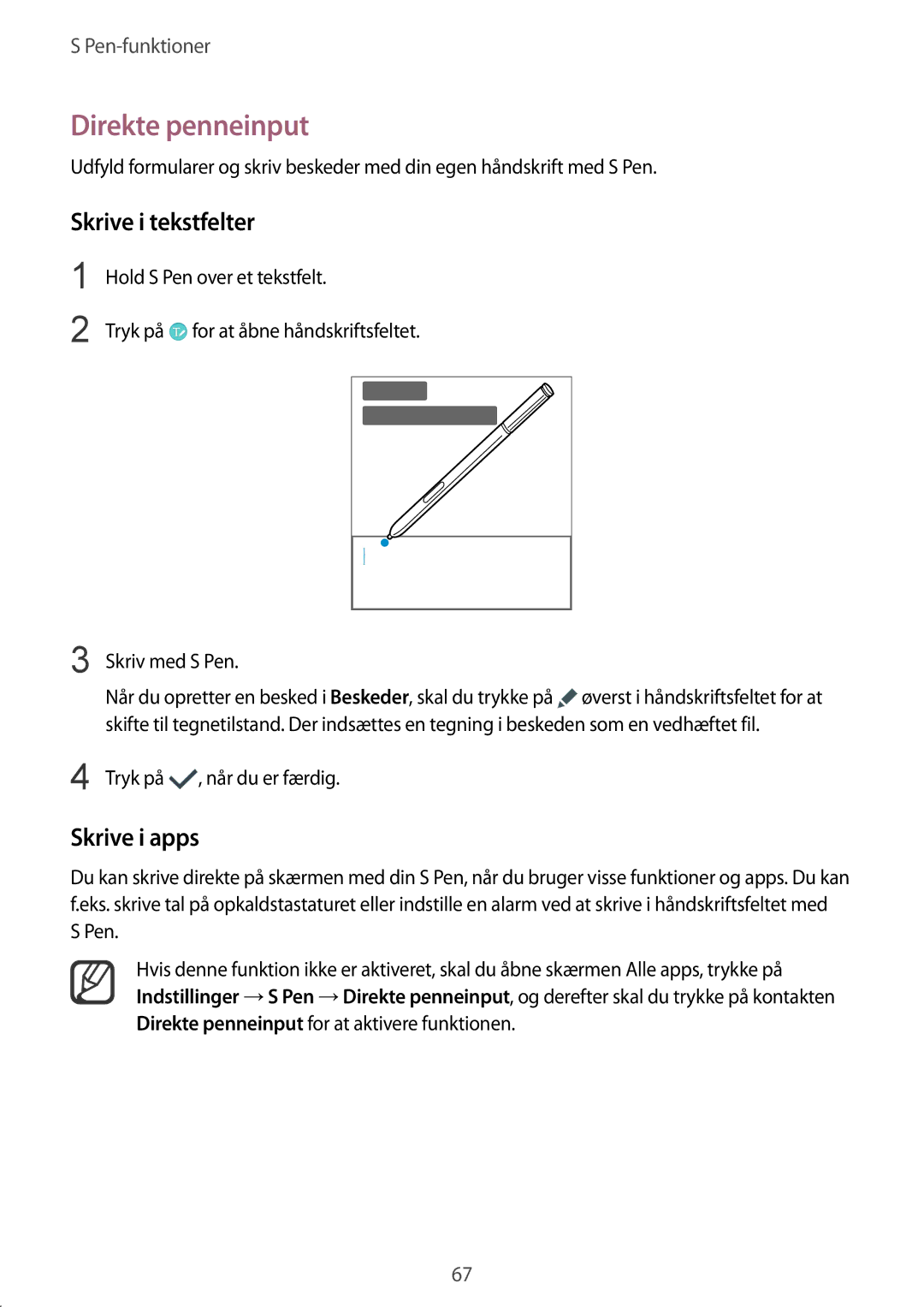 Samsung SM-N915FZKYNEE, SM-N915FZWYNEE manual Direkte penneinput, Skrive i tekstfelter, Skrive i apps 