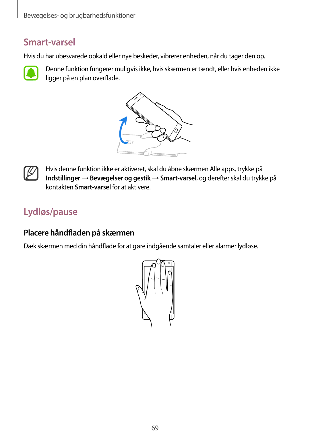 Samsung SM-N915FZKYNEE, SM-N915FZWYNEE manual Smart-varsel, Lydløs/pause, Placere håndfladen på skærmen 