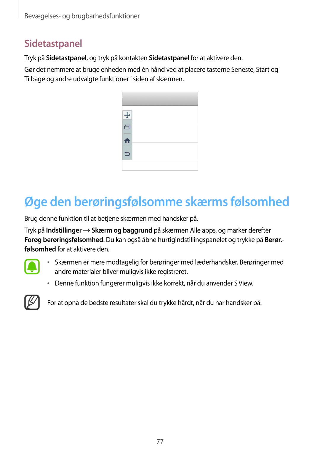 Samsung SM-N915FZKYNEE, SM-N915FZWYNEE manual Øge den berøringsfølsomme skærms følsomhed, Sidetastpanel 