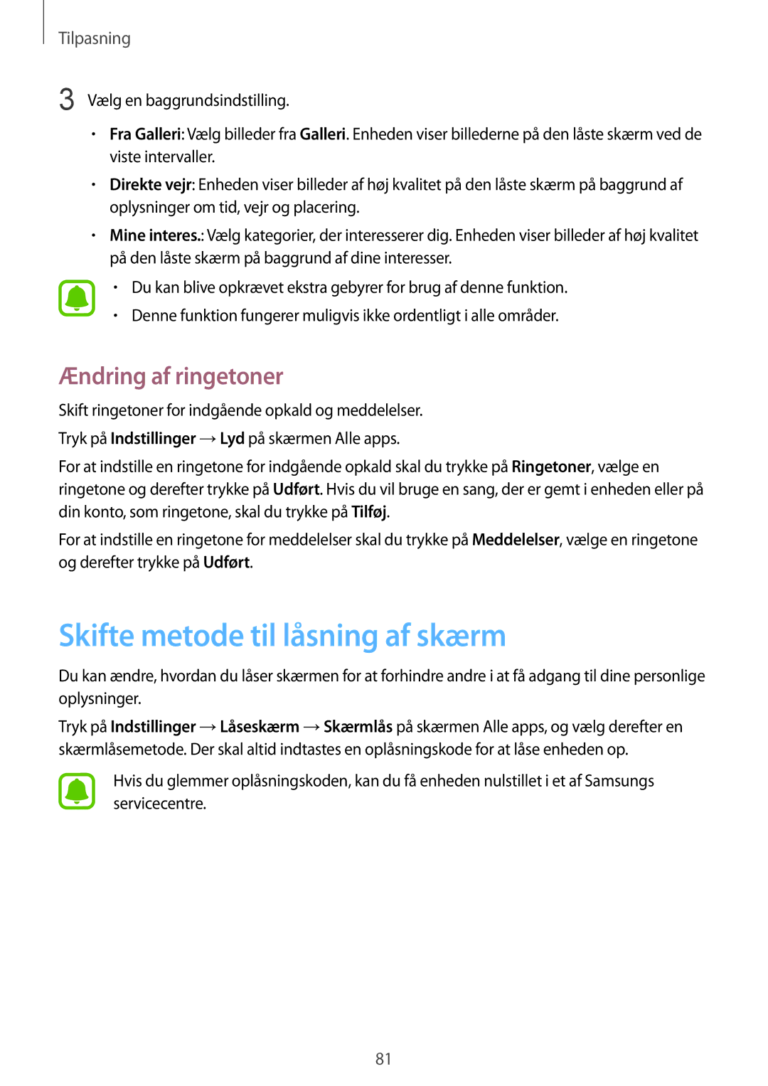 Samsung SM-N915FZKYNEE, SM-N915FZWYNEE manual Skifte metode til låsning af skærm, Ændring af ringetoner 