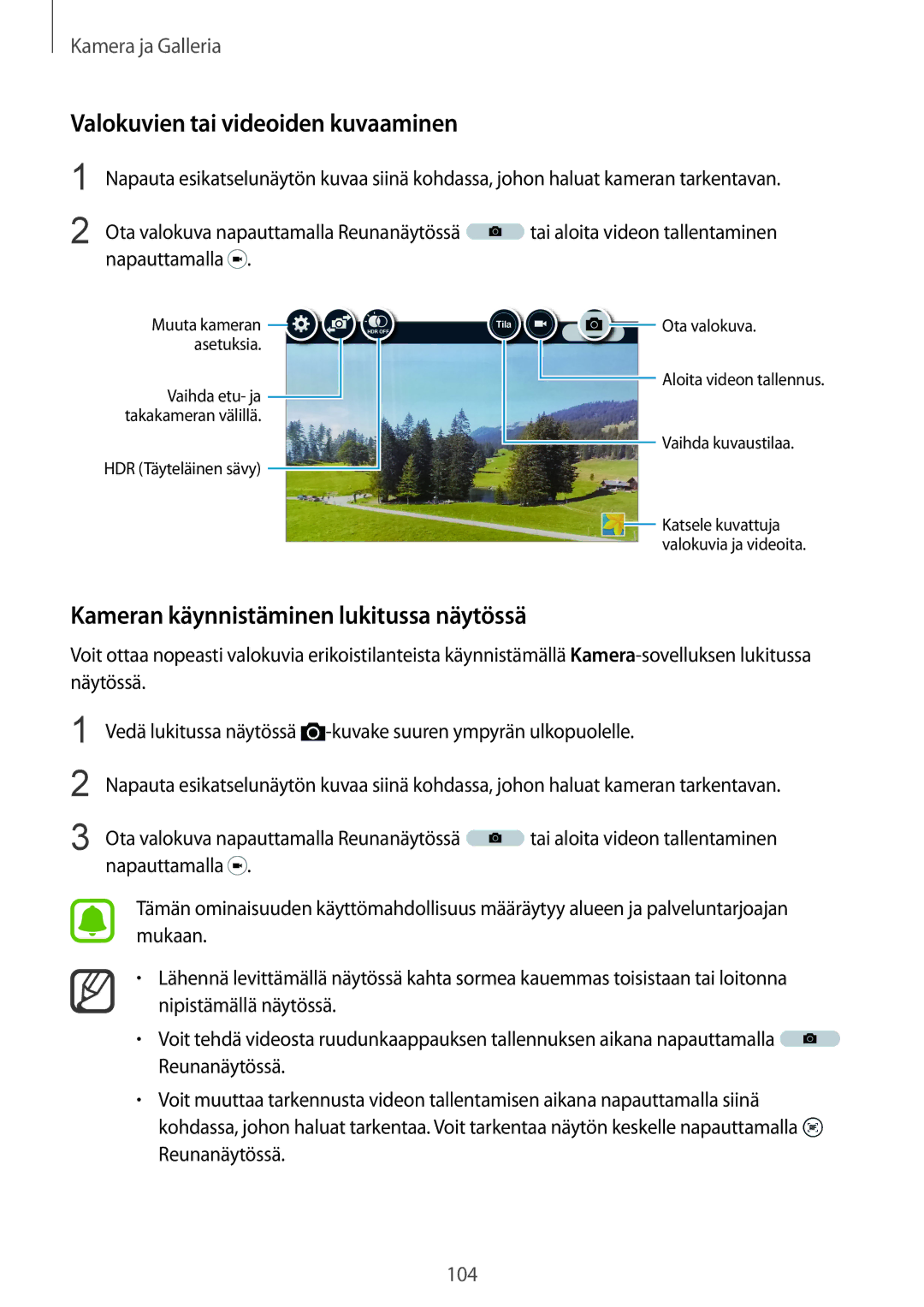 Samsung SM-N915FZWYNEE, SM-N915FZKYNEE manual Valokuvien tai videoiden kuvaaminen, Kameran käynnistäminen lukitussa näytössä 