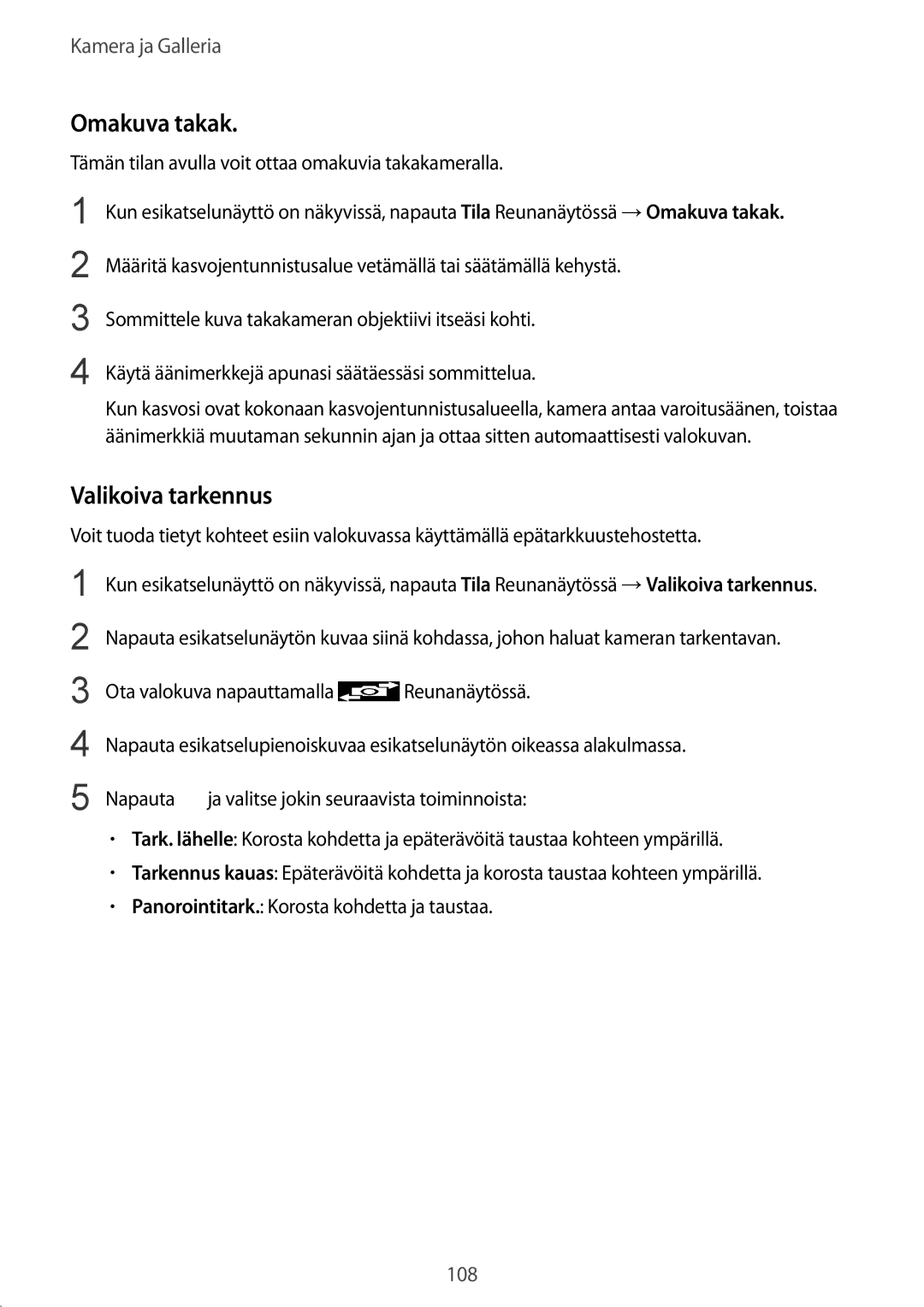 Samsung SM-N915FZWYNEE, SM-N915FZKYNEE manual Omakuva takak, Valikoiva tarkennus 