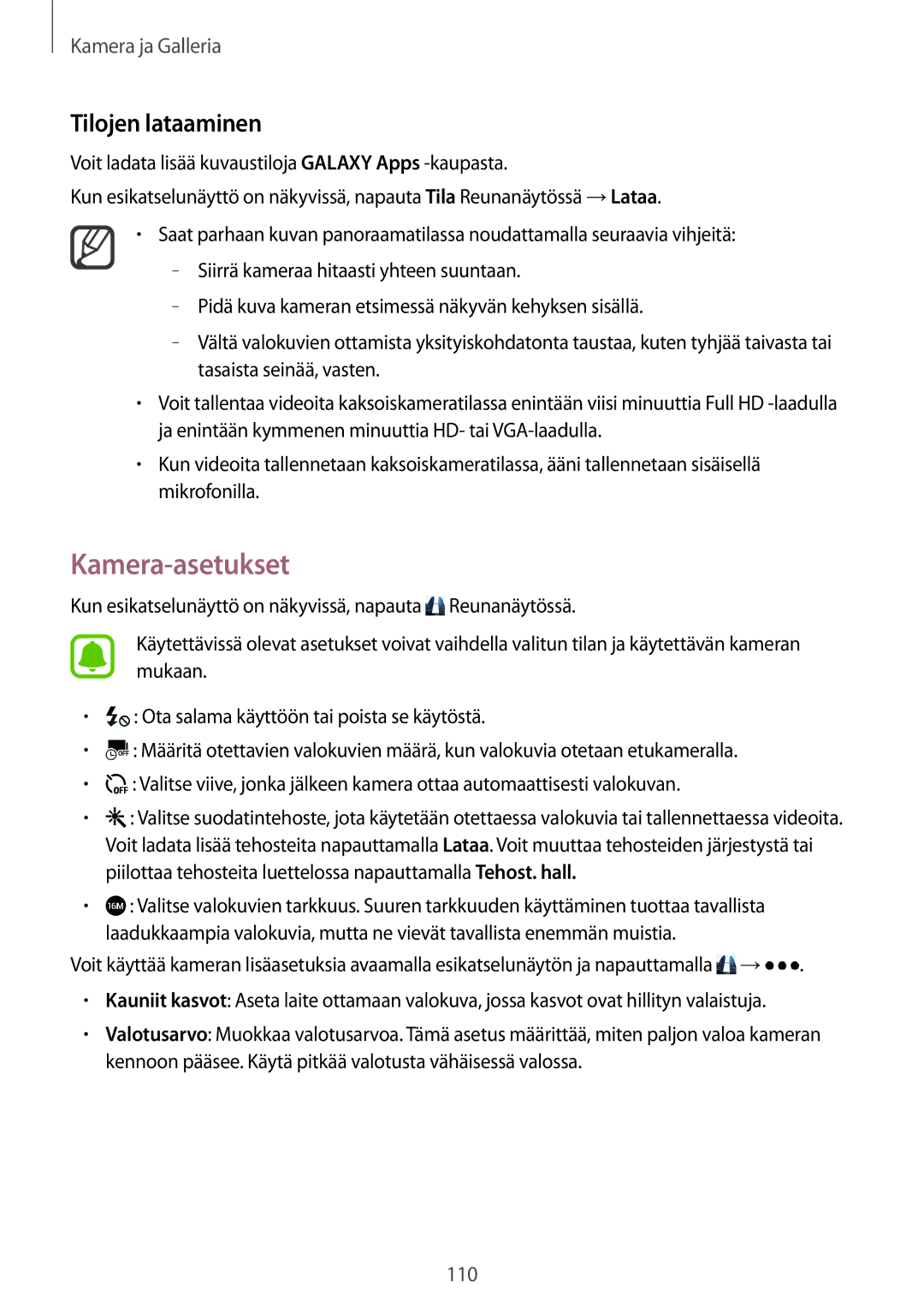 Samsung SM-N915FZWYNEE, SM-N915FZKYNEE manual Kamera-asetukset, Tilojen lataaminen 