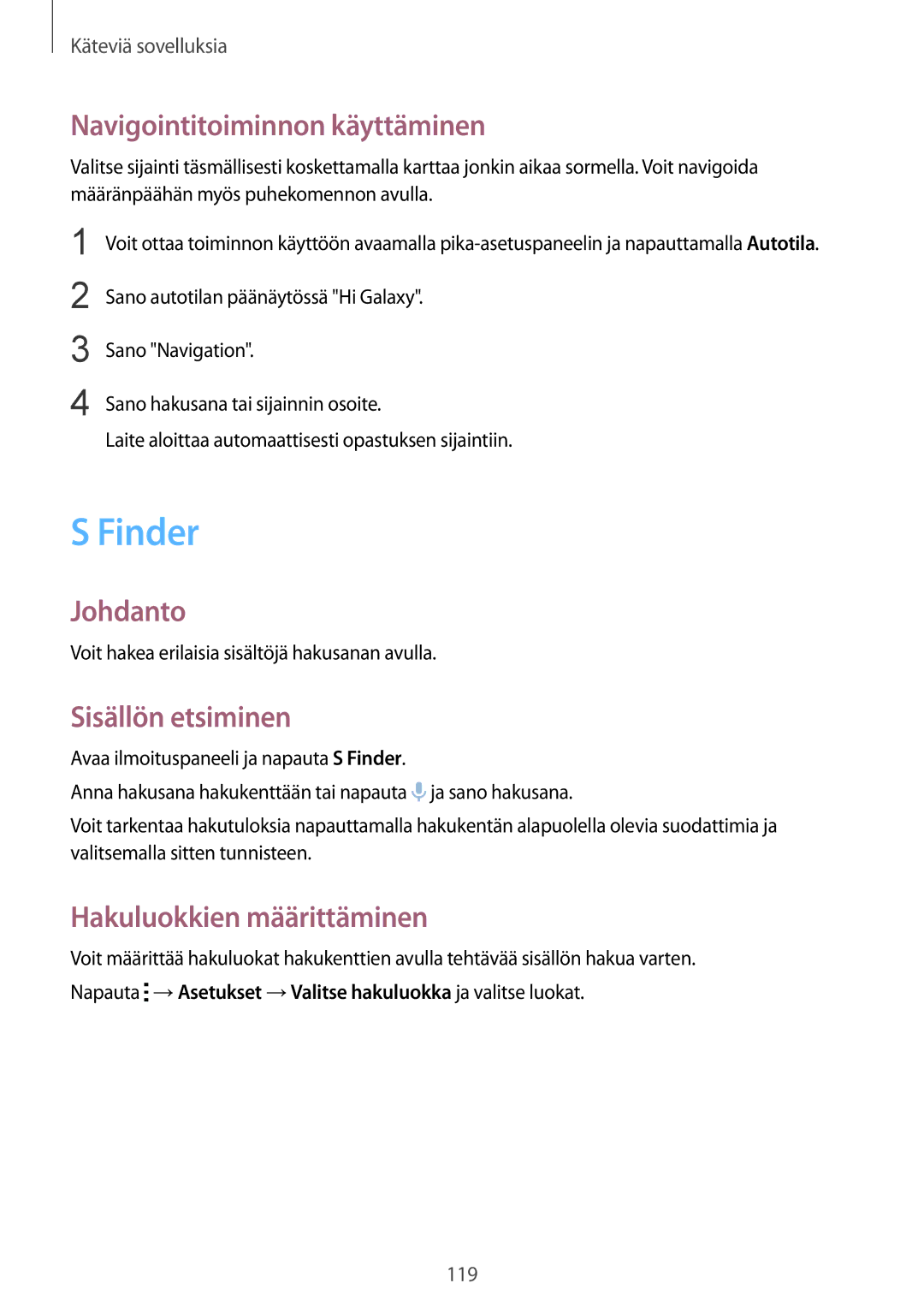 Samsung SM-N915FZKYNEE manual Finder, Navigointitoiminnon käyttäminen, Sisällön etsiminen, Hakuluokkien määrittäminen 