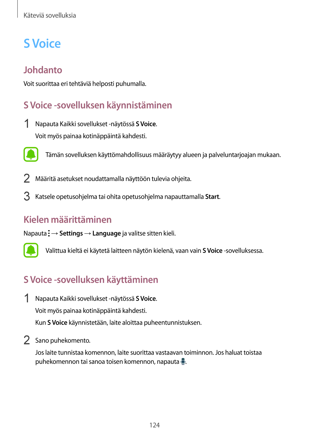 Samsung SM-N915FZWYNEE manual Voice -sovelluksen käynnistäminen, Kielen määrittäminen, Voice -sovelluksen käyttäminen 