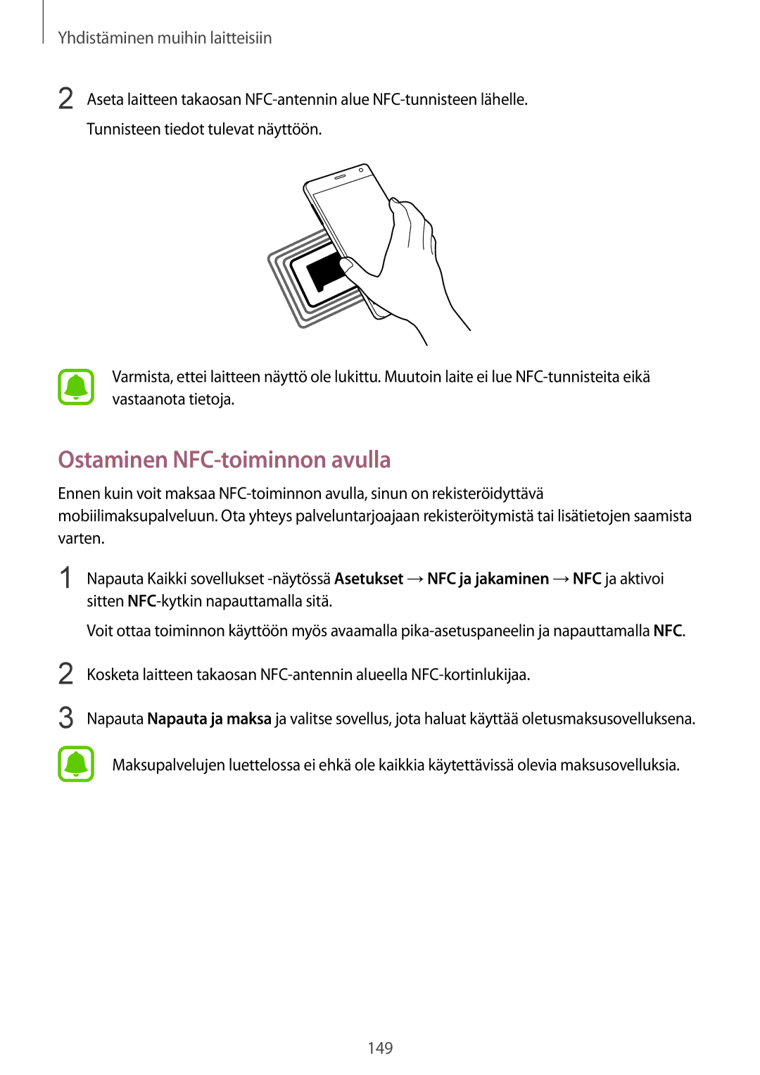 Samsung SM-N915FZKYNEE, SM-N915FZWYNEE manual Ostaminen NFC-toiminnon avulla 