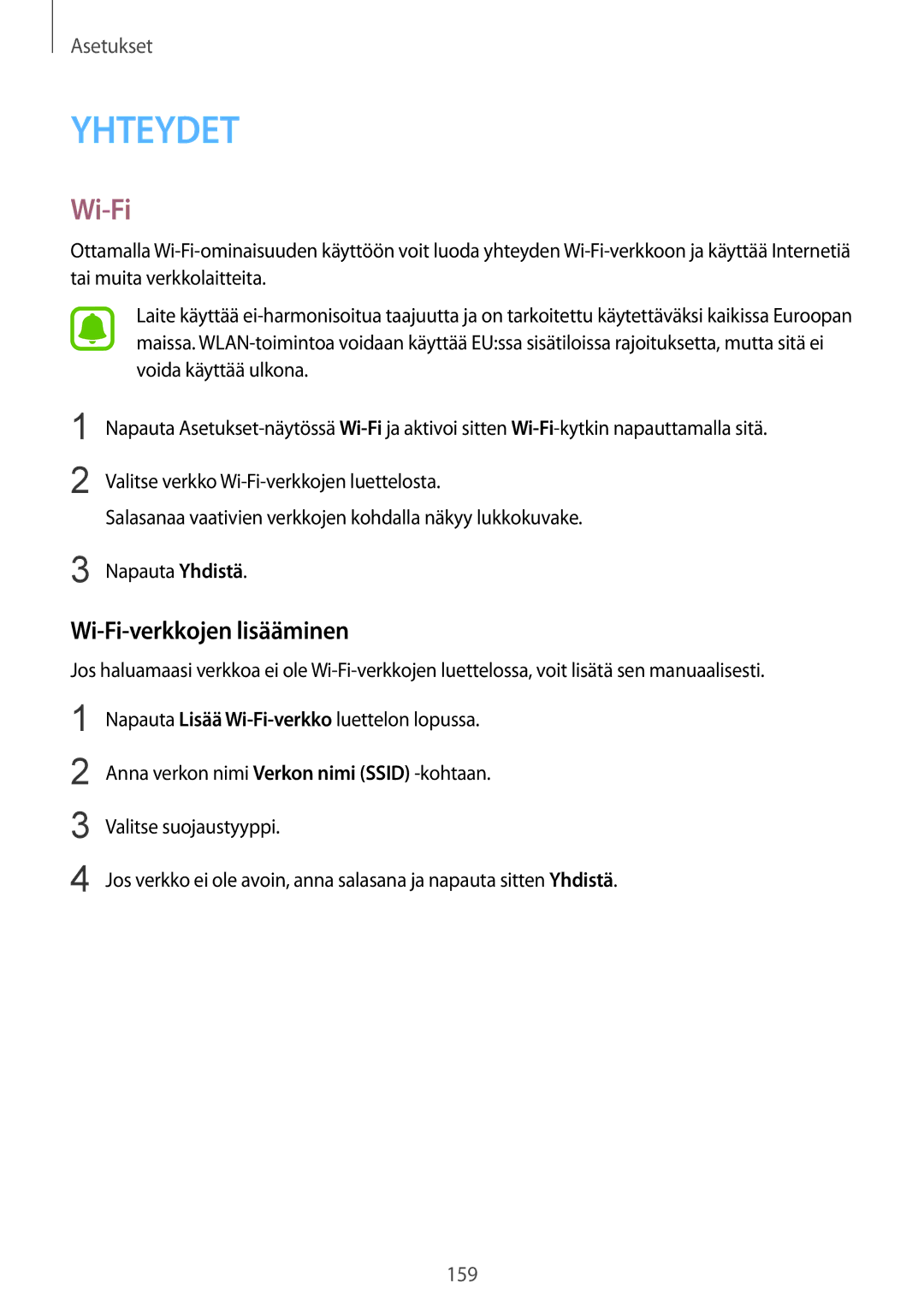 Samsung SM-N915FZKYNEE, SM-N915FZWYNEE manual Wi-Fi-verkkojen lisääminen 