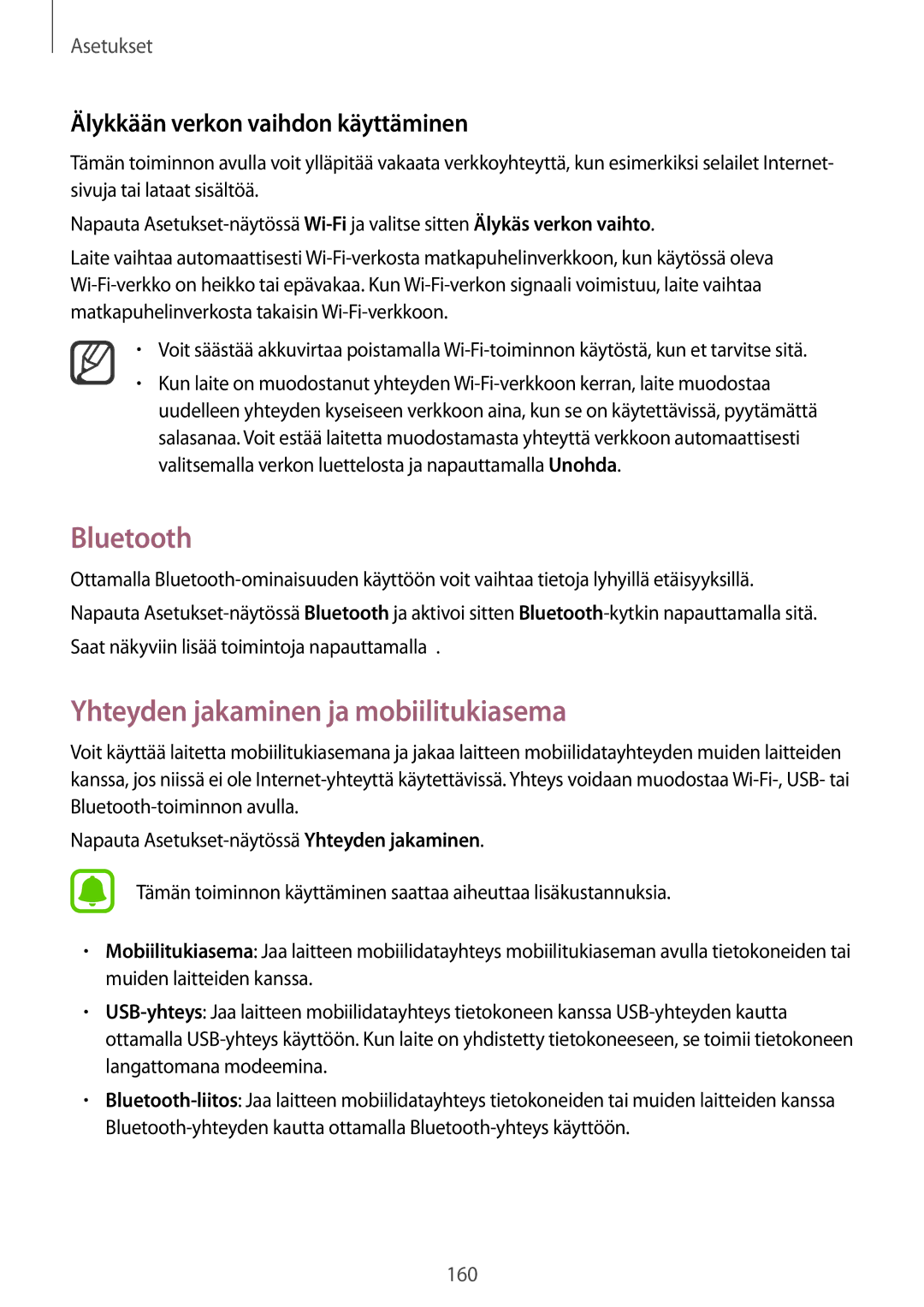 Samsung SM-N915FZWYNEE manual Bluetooth, Yhteyden jakaminen ja mobiilitukiasema, Älykkään verkon vaihdon käyttäminen 