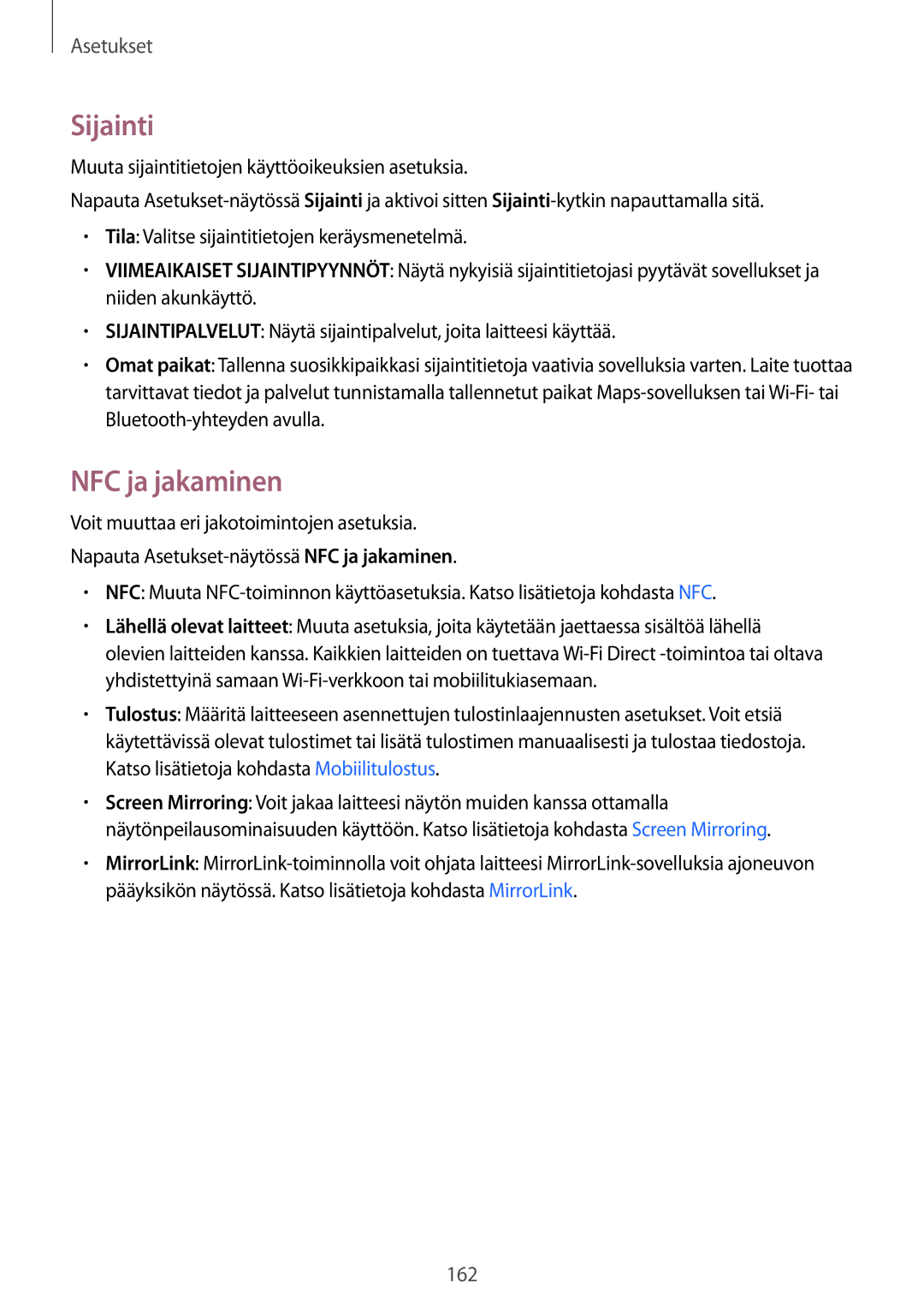 Samsung SM-N915FZWYNEE, SM-N915FZKYNEE manual Sijainti, NFC ja jakaminen 