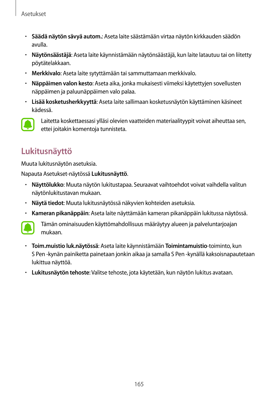 Samsung SM-N915FZKYNEE, SM-N915FZWYNEE manual Lukitusnäyttö 