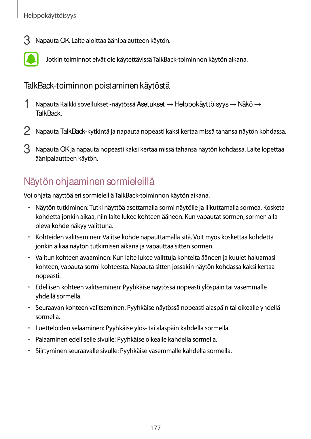 Samsung SM-N915FZKYNEE, SM-N915FZWYNEE manual Näytön ohjaaminen sormieleillä, TalkBack-toiminnon poistaminen käytöstä 