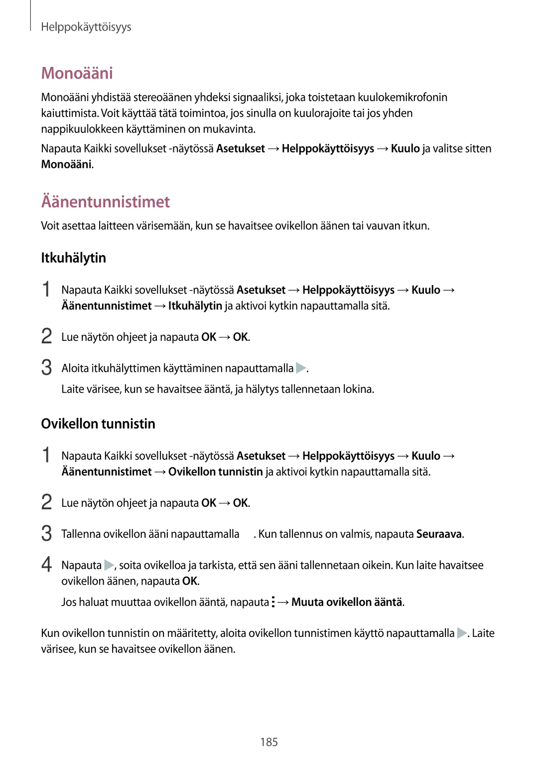 Samsung SM-N915FZKYNEE, SM-N915FZWYNEE manual Monoääni, Äänentunnistimet, Itkuhälytin, Ovikellon tunnistin 