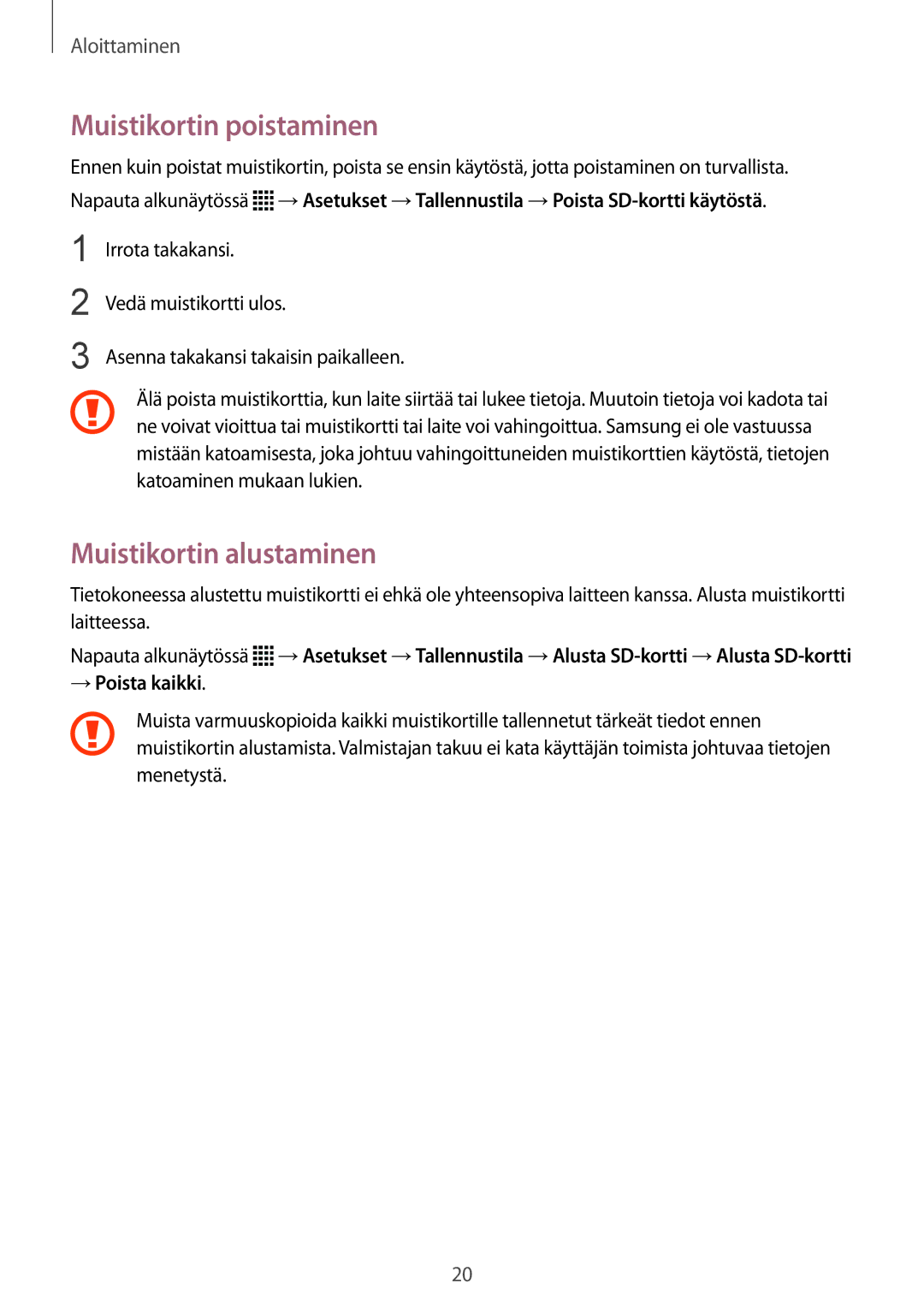 Samsung SM-N915FZWYNEE, SM-N915FZKYNEE manual Muistikortin poistaminen, Muistikortin alustaminen, → Poista kaikki 