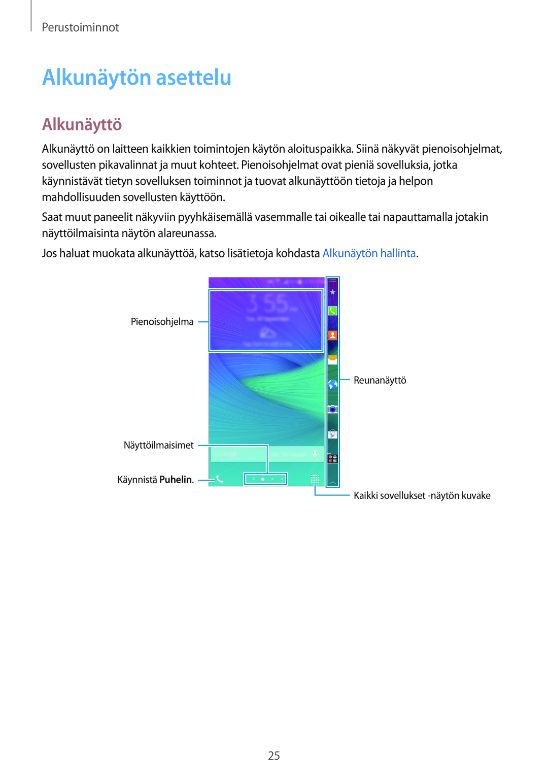 Samsung SM-N915FZKYNEE, SM-N915FZWYNEE manual Alkunäytön asettelu, Alkunäyttö 