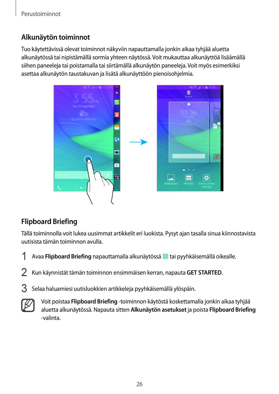 Samsung SM-N915FZWYNEE, SM-N915FZKYNEE manual Alkunäytön toiminnot, Flipboard Briefing 