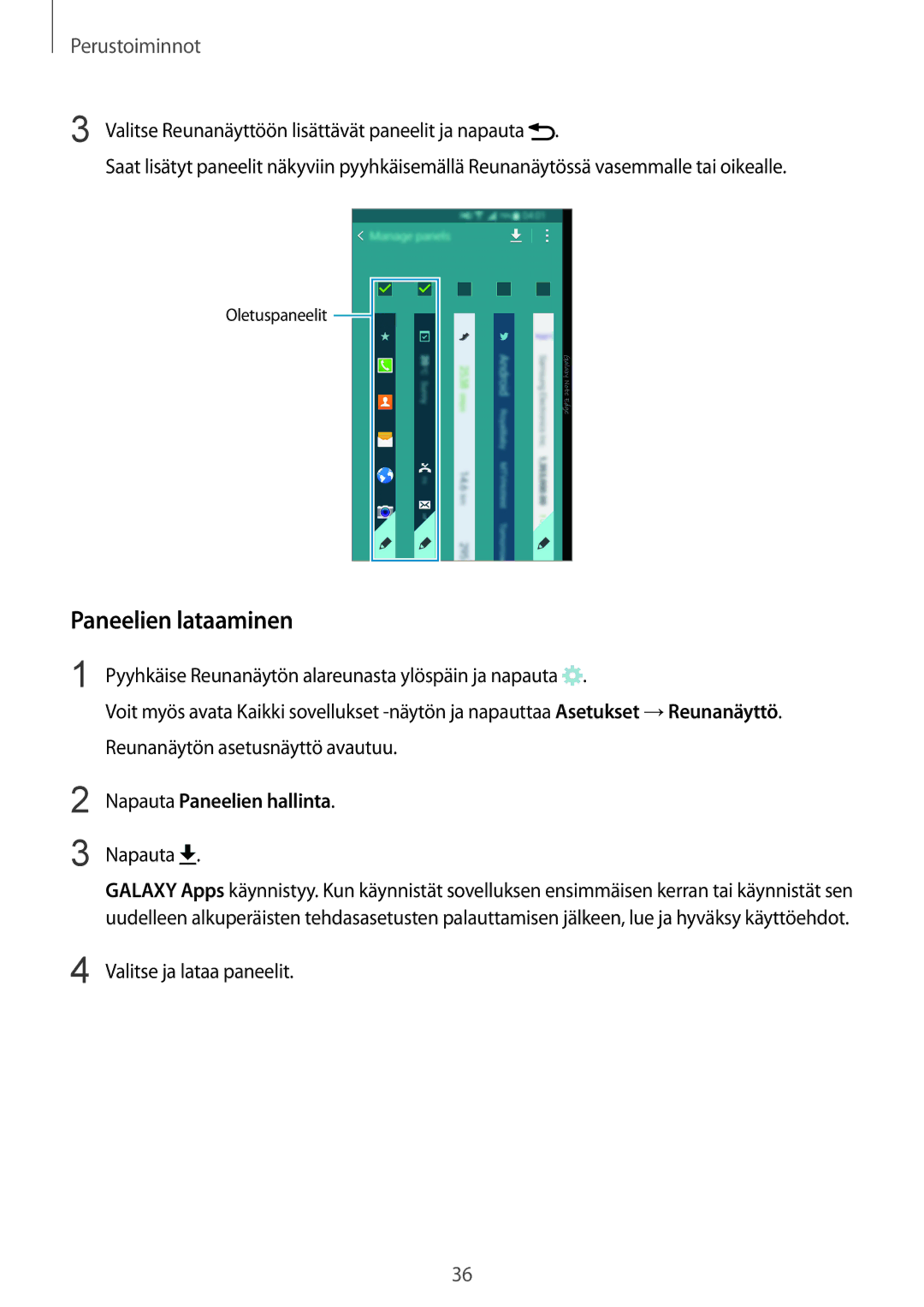 Samsung SM-N915FZWYNEE, SM-N915FZKYNEE manual Paneelien lataaminen, Napauta, Valitse ja lataa paneelit 