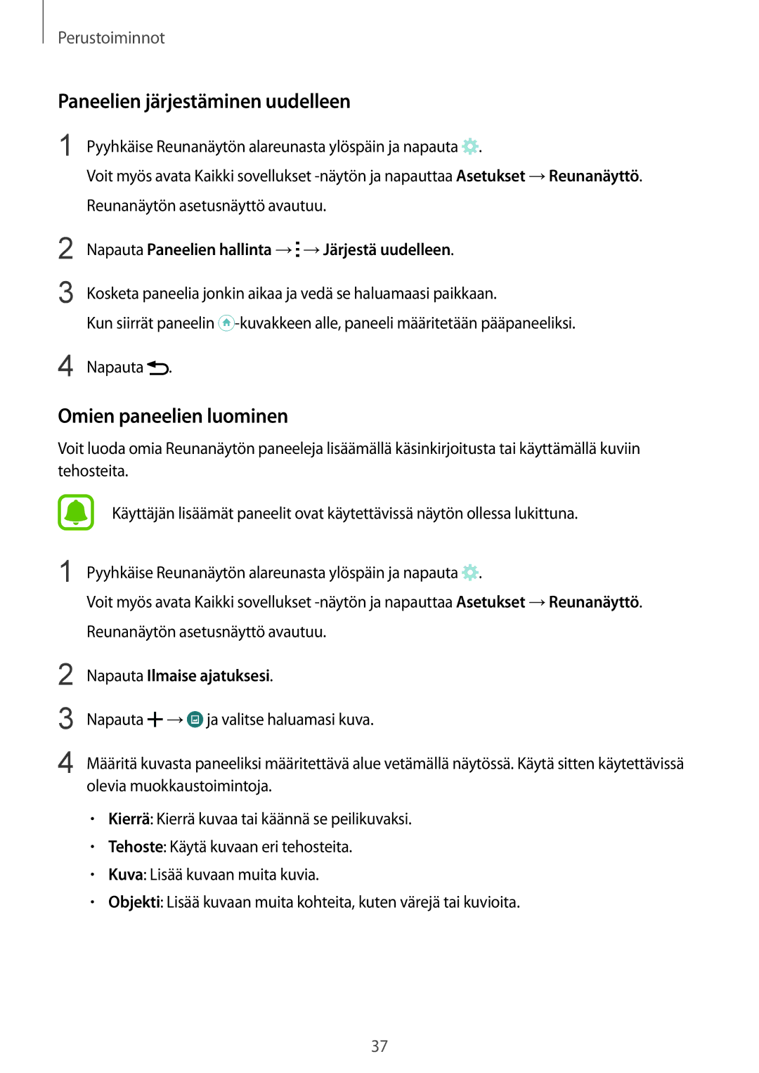 Samsung SM-N915FZKYNEE manual Paneelien järjestäminen uudelleen, Omien paneelien luominen, Napauta Ilmaise ajatuksesi 