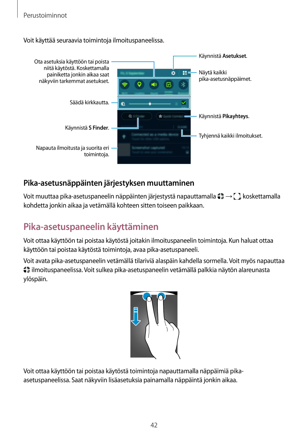 Samsung SM-N915FZWYNEE manual Pika-asetuspaneelin käyttäminen, Pika-asetusnäppäinten järjestyksen muuttaminen, Ylöspäin 