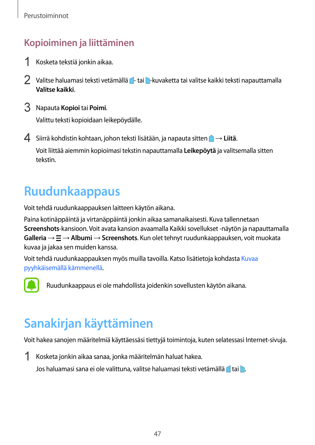 Samsung SM-N915FZKYNEE, SM-N915FZWYNEE Ruudunkaappaus, Sanakirjan käyttäminen, Kopioiminen ja liittäminen, Valitse kaikki 