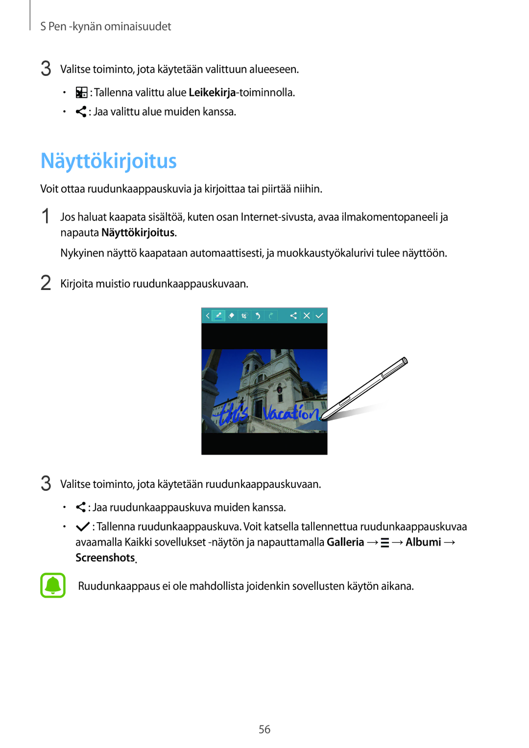 Samsung SM-N915FZWYNEE, SM-N915FZKYNEE manual Napauta Näyttökirjoitus, Kirjoita muistio ruudunkaappauskuvaan 