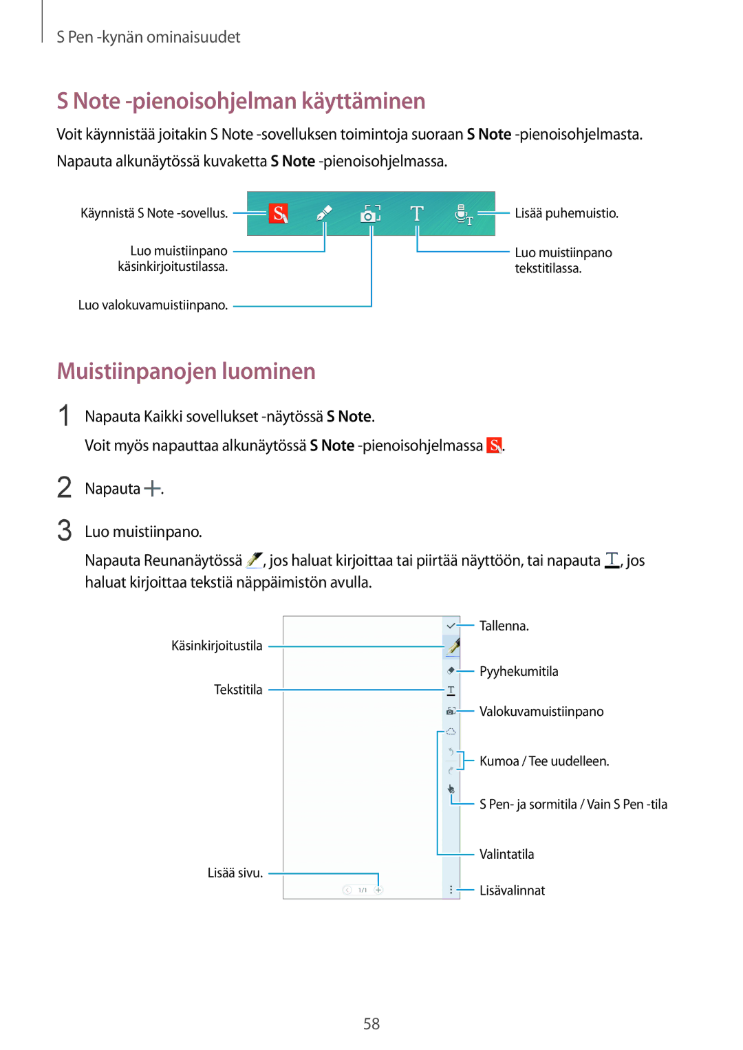 Samsung SM-N915FZWYNEE, SM-N915FZKYNEE manual Muistiinpanojen luominen 